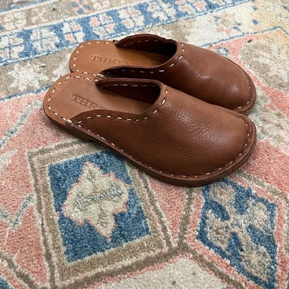 three Shoes - Three brown leather slide on clogs